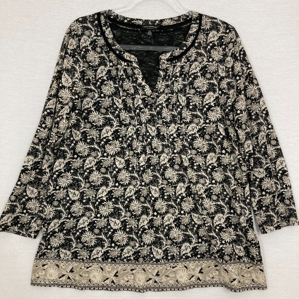 Lucky Brand Black Tan Floral Y Neck Boho Print Cotton Stretch Pullover Top Large